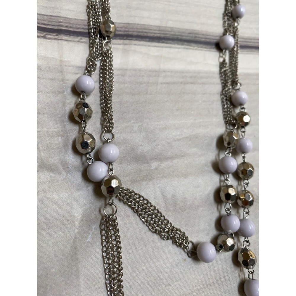 Multi Strand Long Layered Necklace White Silver Beads Chain Statement Piece